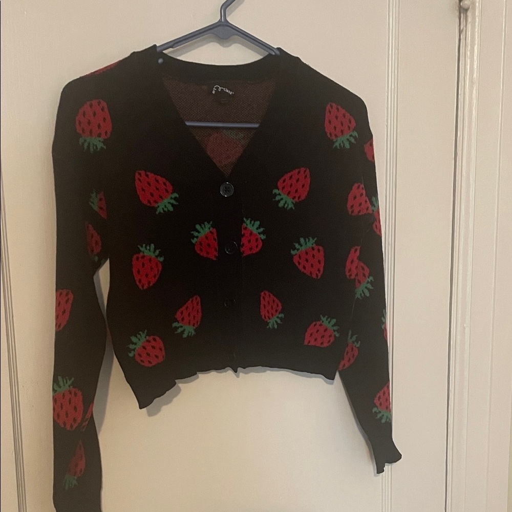Art Class Black Cardigan with Strawberry Design